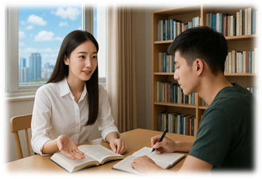 说明: A person and person sitting at a table with books
