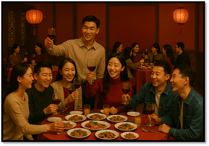 说明: A group of people sitting at a table with food