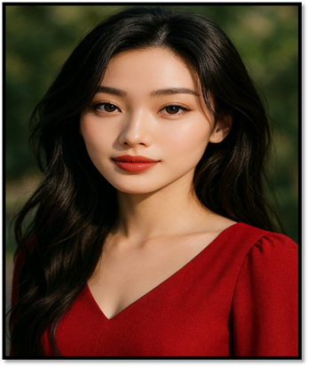 说明: A person with long hair wearing a red dress