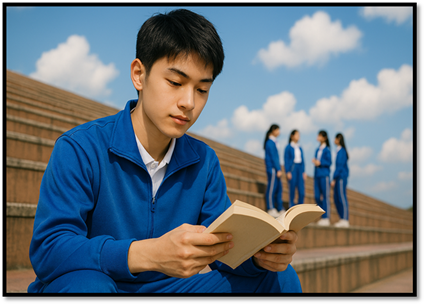 说明: A person reading a book on steps
