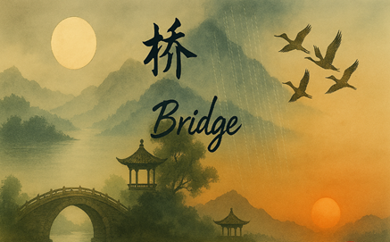 说明: A painting of a landscape with a bridge and birds