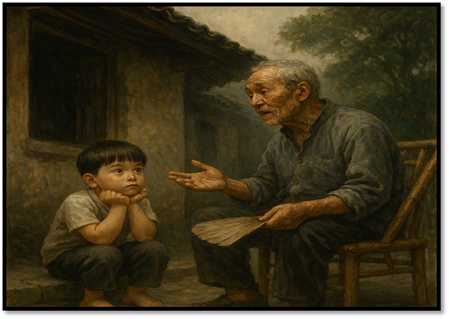说明: An old person and a young child sitting on a chair