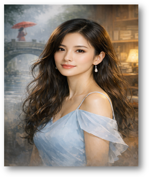 说明: A person with long hair wearing a blue dress