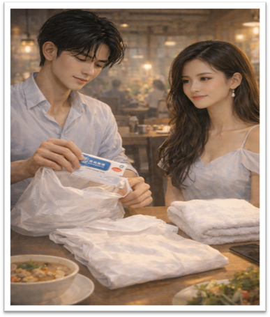 说明:  A person and person looking at a bag of white clothes