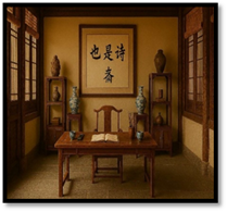 说明: A room with a table and vases