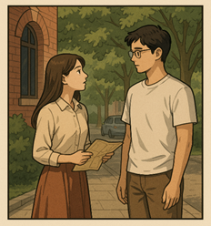 说明: 说明: A cartoon of two people talking